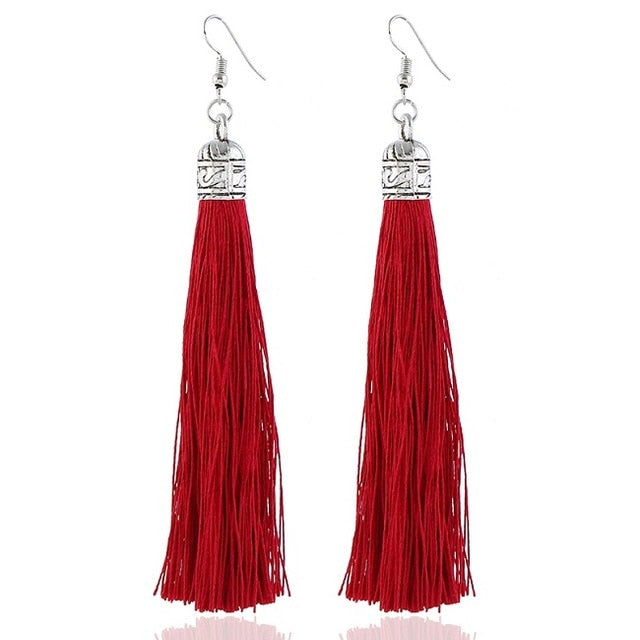 LZHLQ Brand Tassel Earrings Women Fashion Jewelry Bohemian Drop Dangle Long Earrings Silk Fabric Ethnic Vintage Earrings
