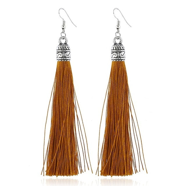 LZHLQ Brand Tassel Earrings Women Fashion Jewelry Bohemian Drop Dangle Long Earrings Silk Fabric Ethnic Vintage Earrings