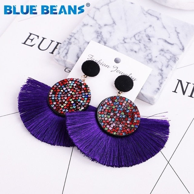 Tassel earrings bohemian statement luxury long earring valentine's day handmade women geometric fringe fashion big rhinestone cc