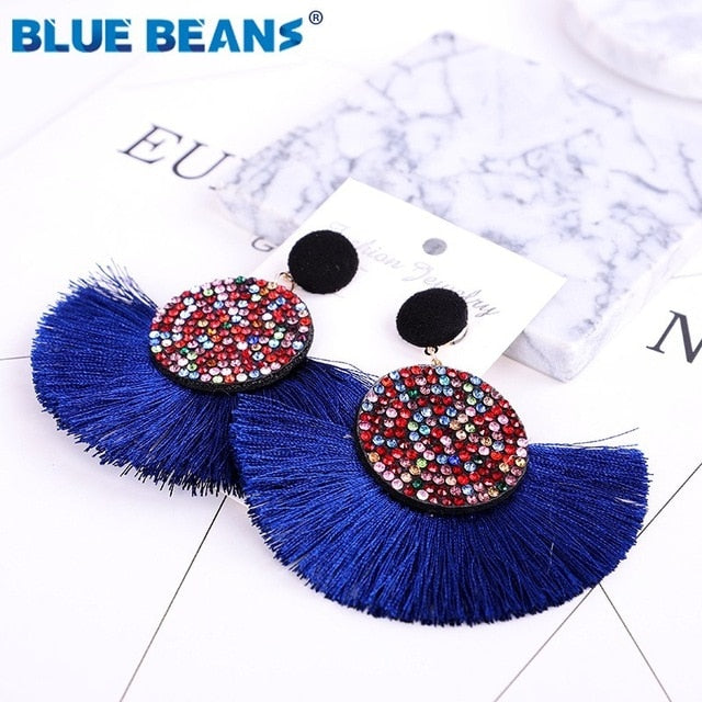 Tassel earrings bohemian statement luxury long earring valentine's day handmade women geometric fringe fashion big rhinestone cc