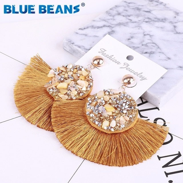 Tassel earrings bohemian statement luxury long earring valentine's day handmade women geometric fringe fashion big rhinestone cc