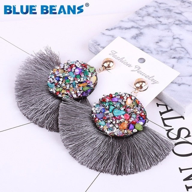 Tassel earrings bohemian statement luxury long earring valentine's day handmade women geometric fringe fashion big rhinestone cc