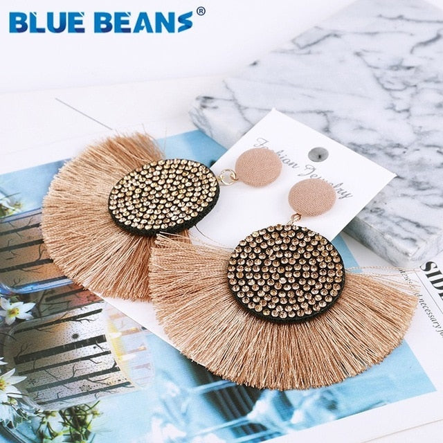 Tassel earrings bohemian statement luxury long earring valentine's day handmade women geometric fringe fashion big rhinestone cc