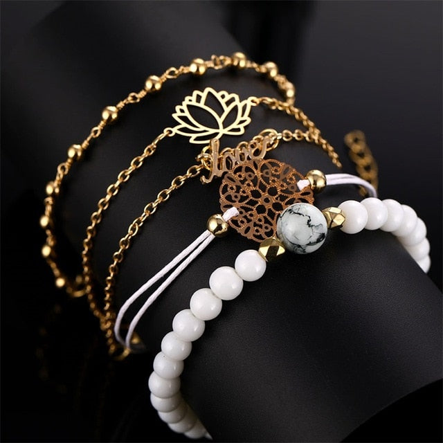 4 Pcs/ Set Classic Arrow Knot Round Crystal Multilayer Adjustable Open Bracelet Set Women Fashion Party Jewelry Multiple Styles