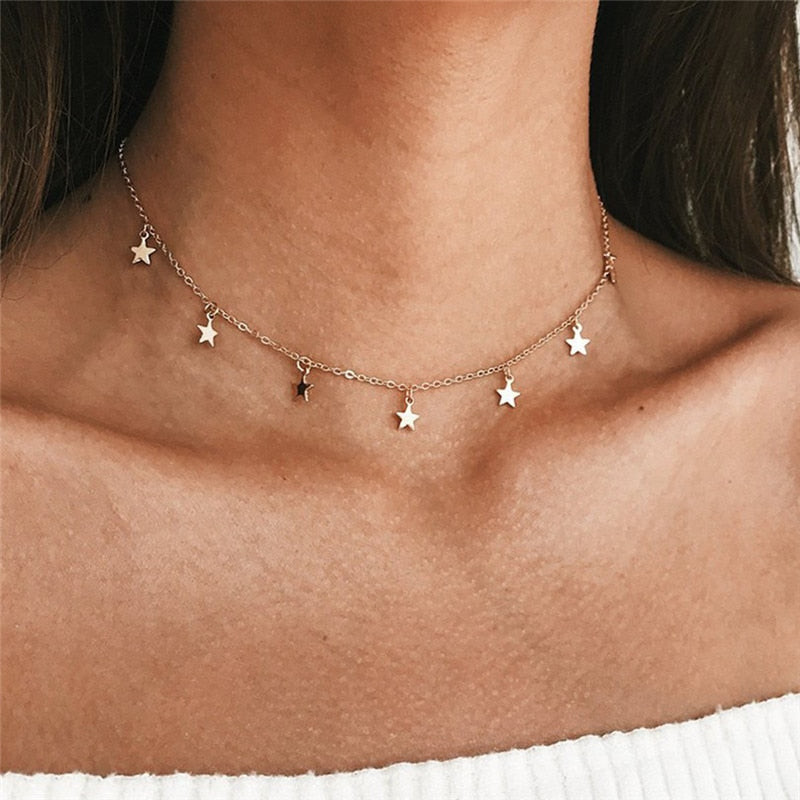 Fashion Necklaces Choker Kolye Gold Silver Color Star Moon Necklace Women Boho Pendants Collares Collier Ketting Jewelry G2