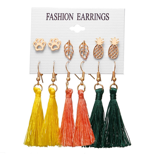 17KM New Design Long Tassel Stud Earrings Set For Women Girl 2018 Bohemian Flower Heart Earring Fabric Female Fashion Jewelry