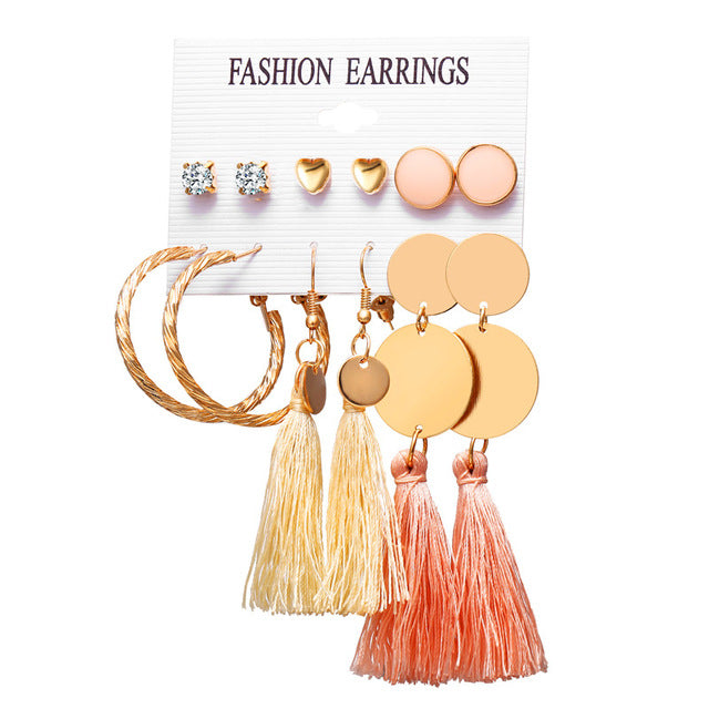 17KM New Design Long Tassel Stud Earrings Set For Women Girl 2018 Bohemian Flower Heart Earring Fabric Female Fashion Jewelry
