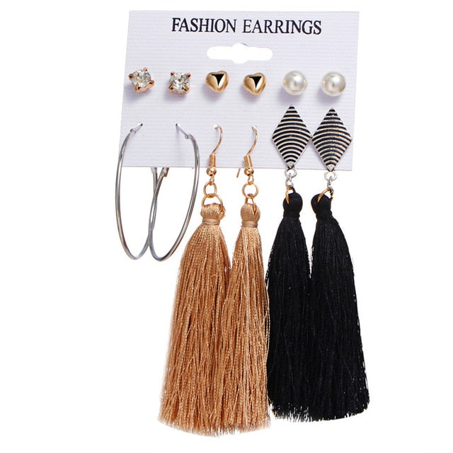 17KM New Design Long Tassel Stud Earrings Set For Women Girl 2018 Bohemian Flower Heart Earring Fabric Female Fashion Jewelry