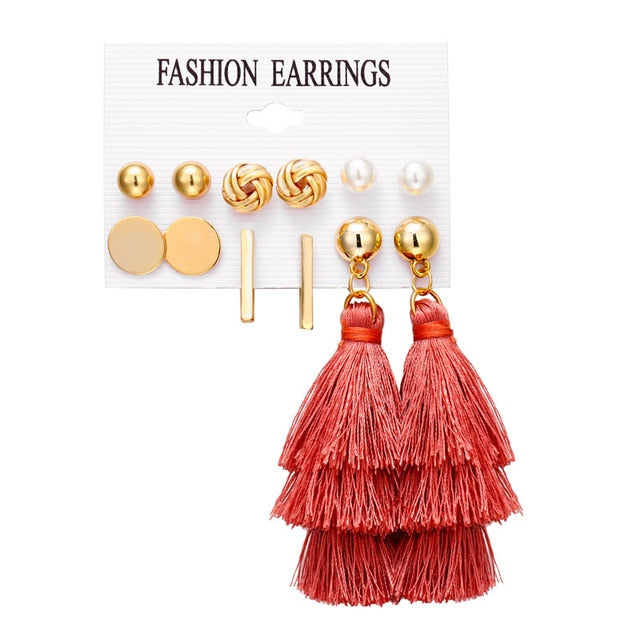 17KM New Design Long Tassel Stud Earrings Set For Women Girl 2018 Bohemian Flower Heart Earring Fabric Female Fashion Jewelry