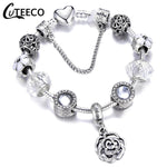 CUTEECO 925 Fashion Silver Charms Bracelet Bangle For Women Crystal Flower Beads Fit Pandora Bracelets Jewelry