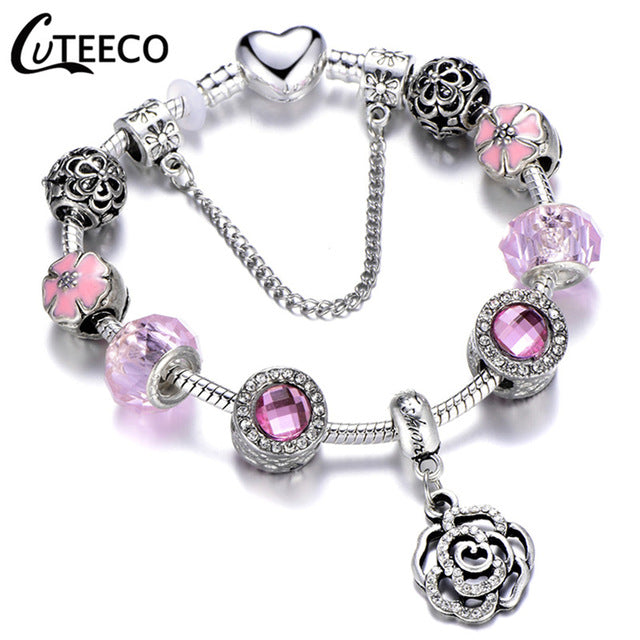 CUTEECO 925 Fashion Silver Charms Bracelet Bangle For Women Crystal Flower Beads Fit Pandora Bracelets Jewelry