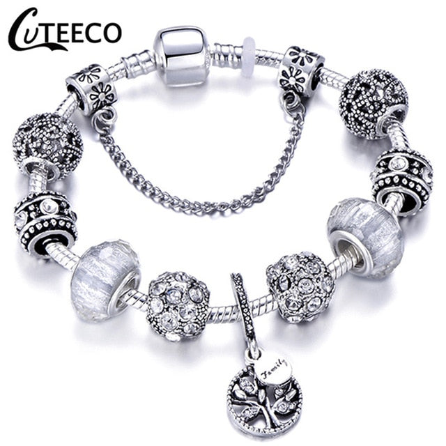CUTEECO 925 Fashion Silver Charms Bracelet Bangle For Women Crystal Flower Beads Fit Pandora Bracelets Jewelry
