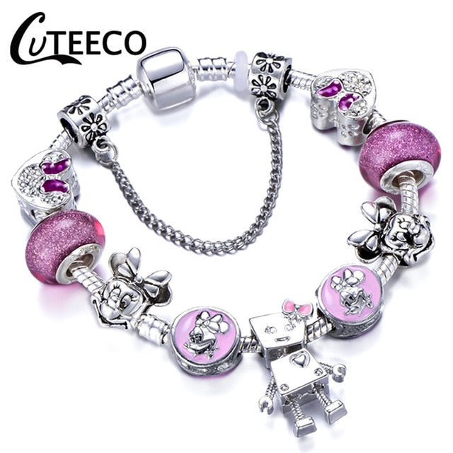 CUTEECO 925 Fashion Silver Charms Bracelet Bangle For Women Crystal Flower Beads Fit Pandora Bracelets Jewelry