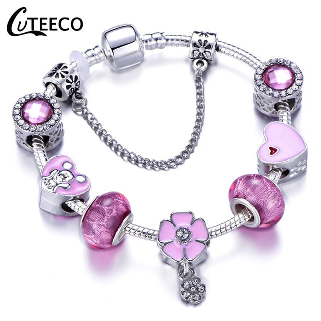 CUTEECO 925 Fashion Silver Charms Bracelet Bangle For Women Crystal Flower Beads Fit Pandora Bracelets Jewelry