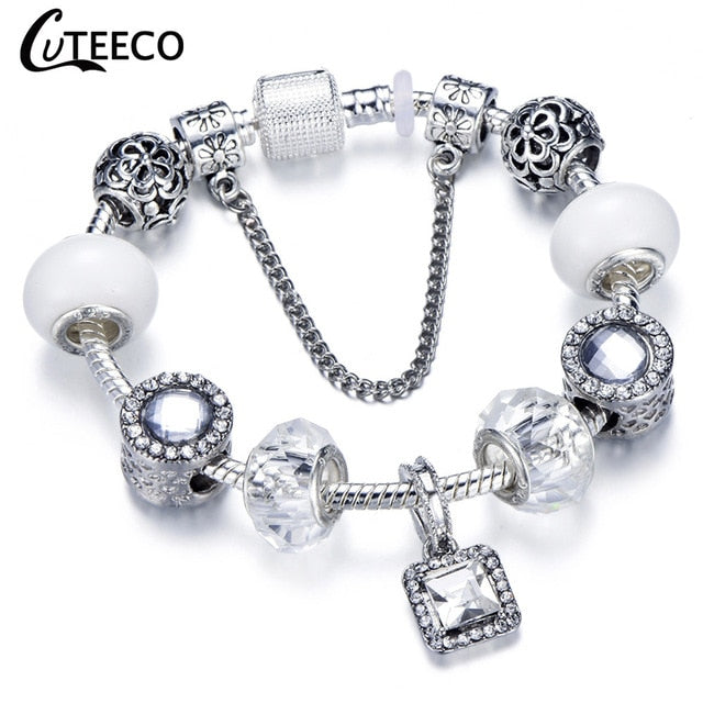 CUTEECO 925 Fashion Silver Charms Bracelet Bangle For Women Crystal Flower Beads Fit Pandora Bracelets Jewelry
