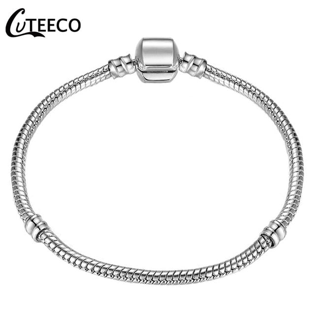 CUTEECO 925 Fashion Silver Charms Bracelet Bangle For Women Crystal Flower Beads Fit Pandora Bracelets Jewelry